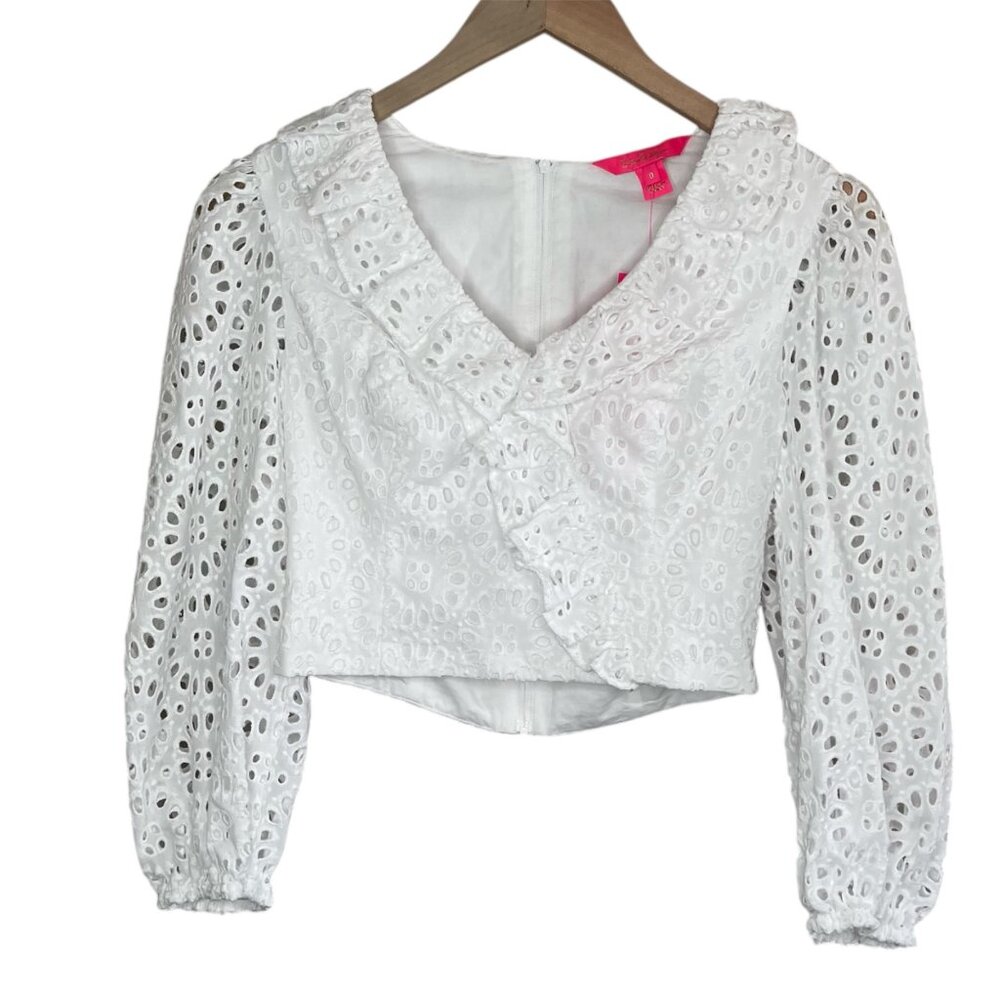 Lilly Pulitzer Roca Resort White Eyelet Lace Long Sleeve Cropped Top 0